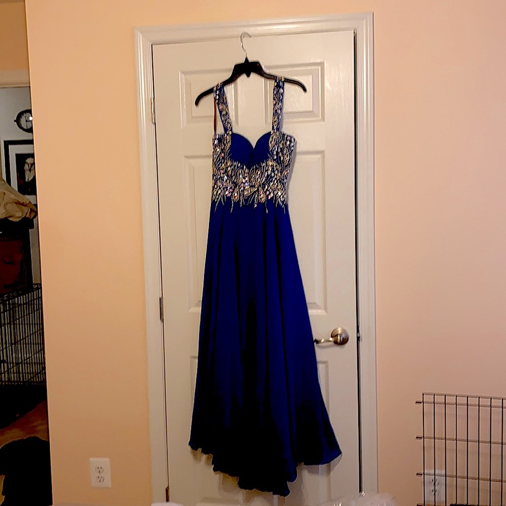 Blue beaded evening gown